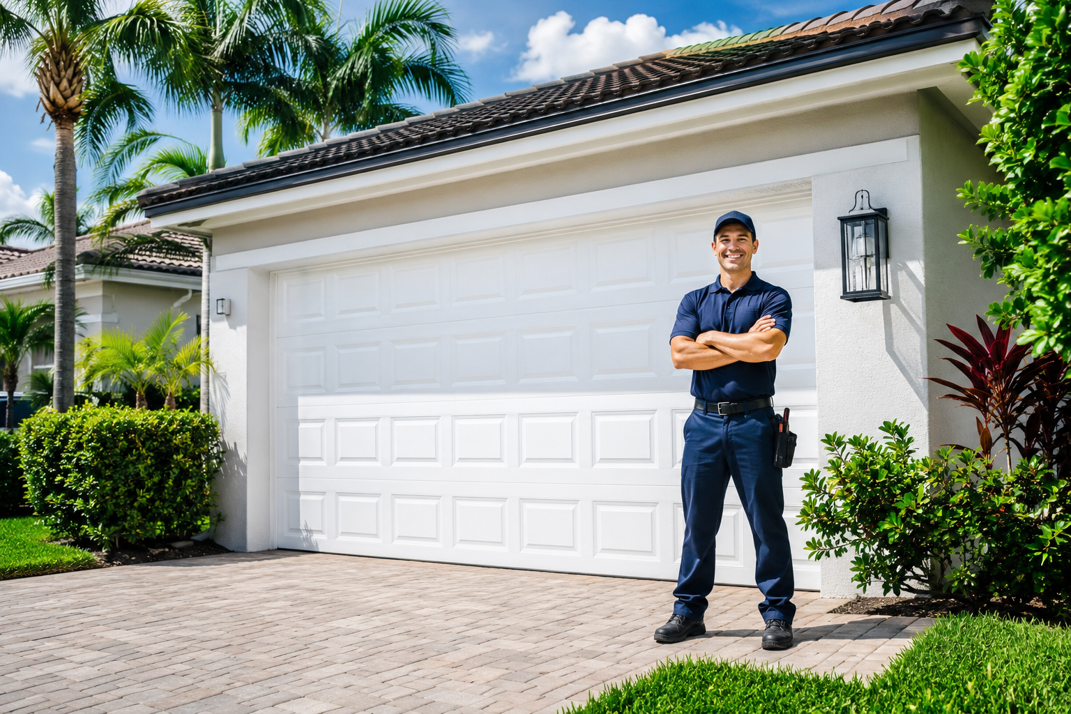 Garage door repair technician servicing a home in Pembroke Pines, FL